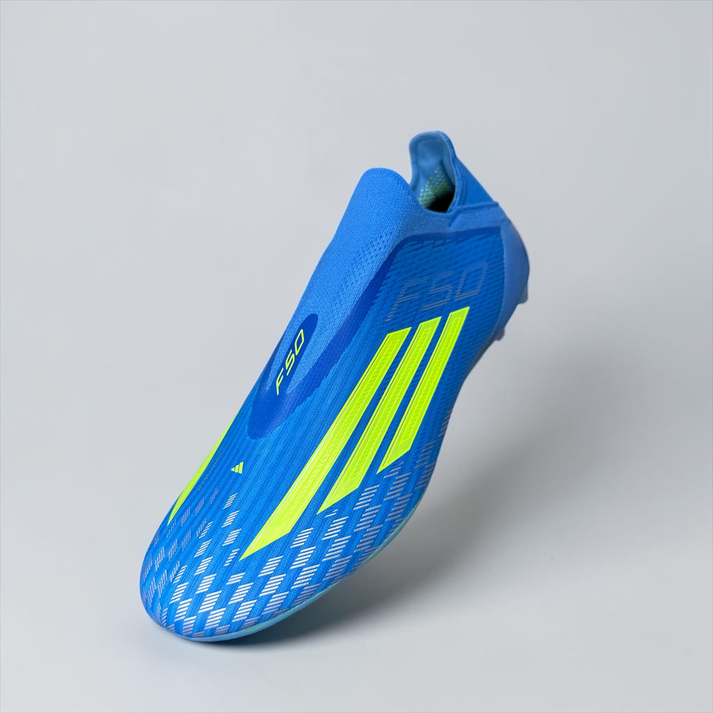 GUAYOS DE FÚTBOL ADIDAS F50 AZUL Y AMARILLO SIN CORDONES